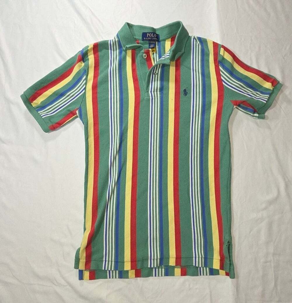 Polo Ralph Lauren Striped Polo Shirt Size M 10-12 Green Multi